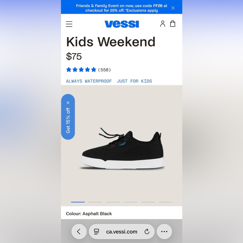 Vessi Kids Weekend Sneakers in Asphalt Black and White
